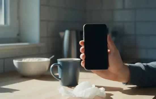 יד מחזיקה סמארטפון עם מסך כהה וריק מעל שולחן מטבח בהיר, אור בוקר
