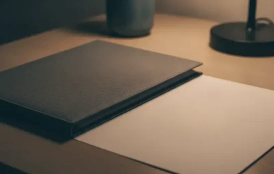תיקייה סגורה ודף ריק על שולחן עבודה מואר במנורת ערב, בדיקת מעמד החיסכון מול עיקול