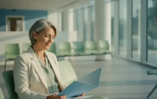 אישה יושבת באזור המתנה מואר של מוסד ציבורי ומחזיקה תיקייה, אור בוקר