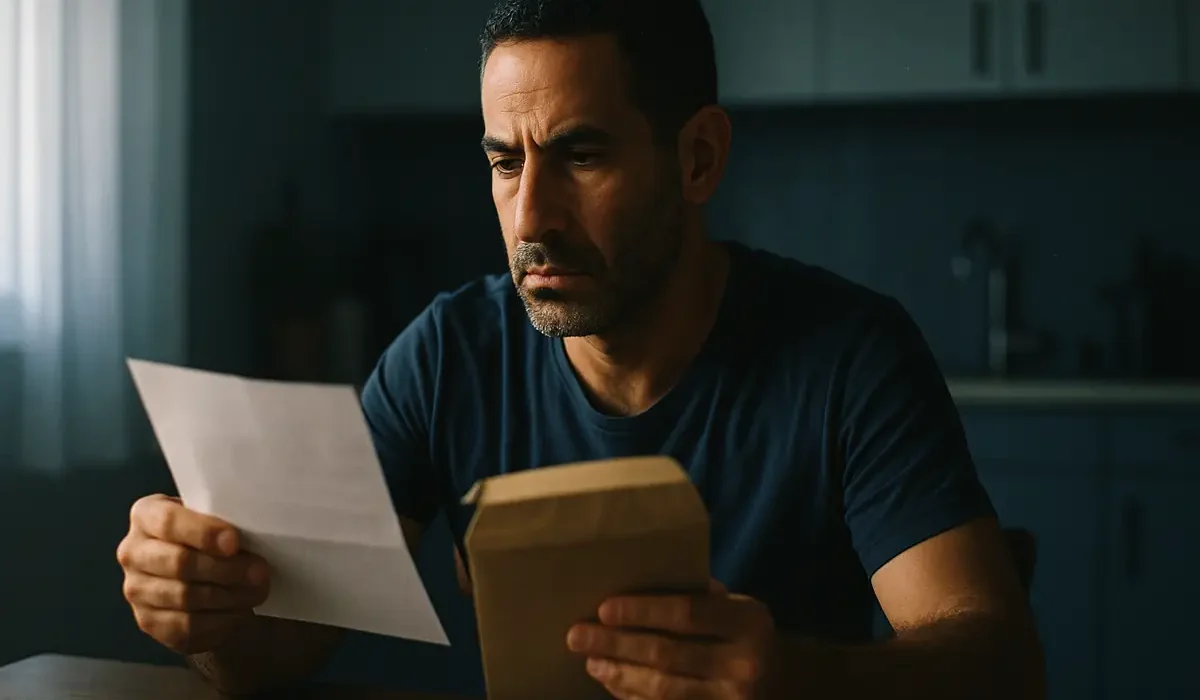 אדם יושב בביתו וקורא מכתב דרישה להצהרת הון מרשות המסים