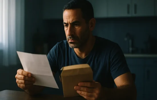 אדם יושב בביתו וקורא מכתב דרישה להצהרת הון מרשות המסים
