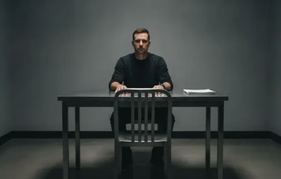גבר יושב לבדו לשולחן מתכת בחדר חקירות
