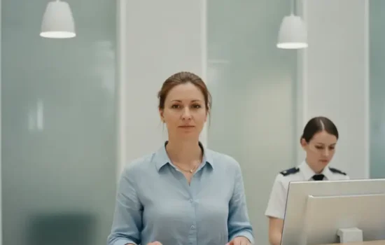 אישה עומדת מול דלפק שירות במשרד ממשלתי