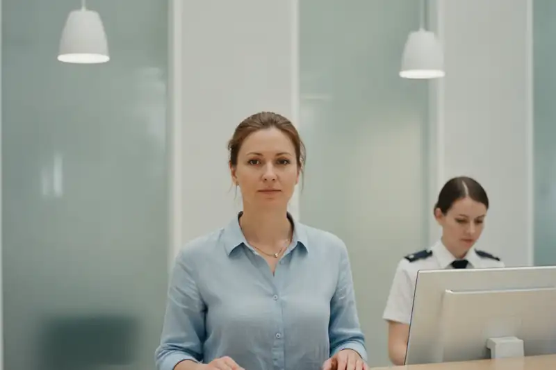 אישה עומדת מול דלפק שירות במשרד ממשלתי