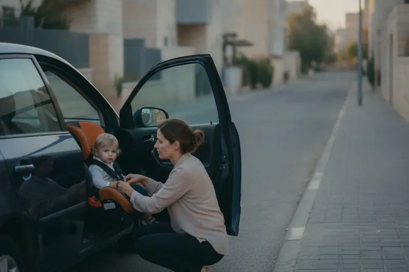 אם מהדקת את רתמת מושב הבטיחות של פעוט ברכב חונה ברחוב מגורים ישראלי
