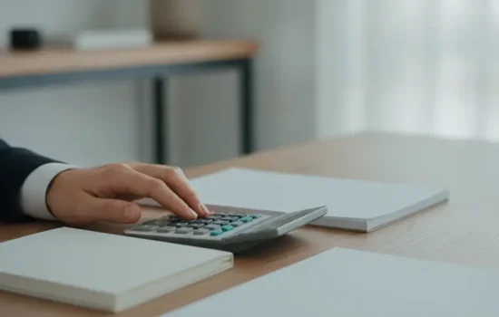 יד מונחת על מחשבון לצד מחברת סגורה על שולחן עבודה מסודר באור צהריים