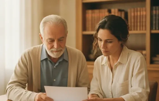 אב מבוגר ובתו הבוגרת יושבים יחד בחדר עבודה מואר ומעיינים במסמך בעת עריכת צוואה מותנית