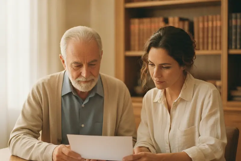 אב מבוגר ובתו הבוגרת יושבים יחד בחדר עבודה מואר ומעיינים במסמך בעת עריכת צוואה מותנית