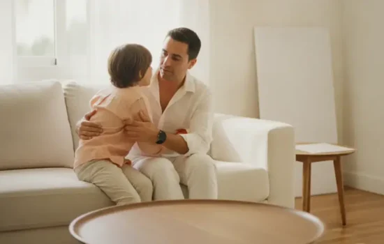 הורה וילד יושבים יחד על ספה בסלון מואר ומשוחחים בשקט, ממחיש סרבנות קשר וניכור הורי