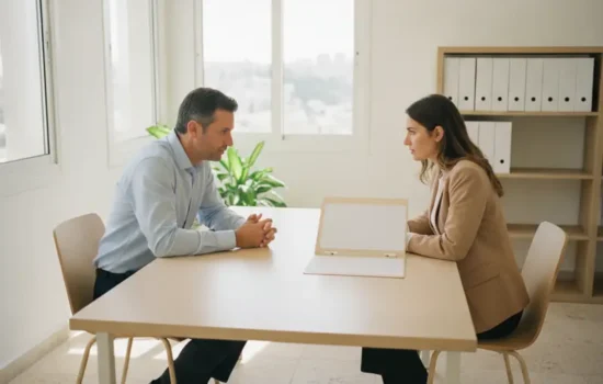 עורך דין ולקוח יושבים משני צדי שולחן במשרד מואר ומנסחים שאלות הבהרה למומחה בית המשפט