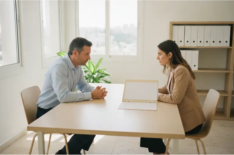 עורך דין ולקוח יושבים משני צדי שולחן במשרד מואר ומנסחים שאלות הבהרה למומחה בית המשפט