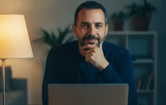 גבר יושב מול מחשב נייד סגור בבית בשעות הערב