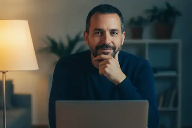 גבר יושב מול מחשב נייד סגור בבית בשעות הערב