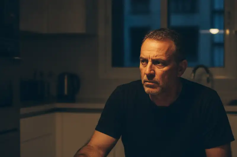 גבר יושב בשולחן המטבח בלילה ליד טלפון הפוך