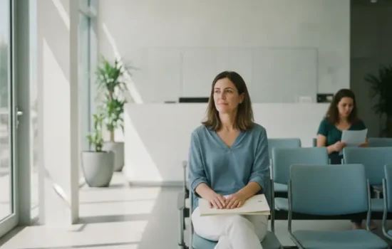 אישה יושבת עם תיקייה באזור המתנה מואר של מוסד ציבורי לקראת בירור זכאות לקצבת נכות כללית