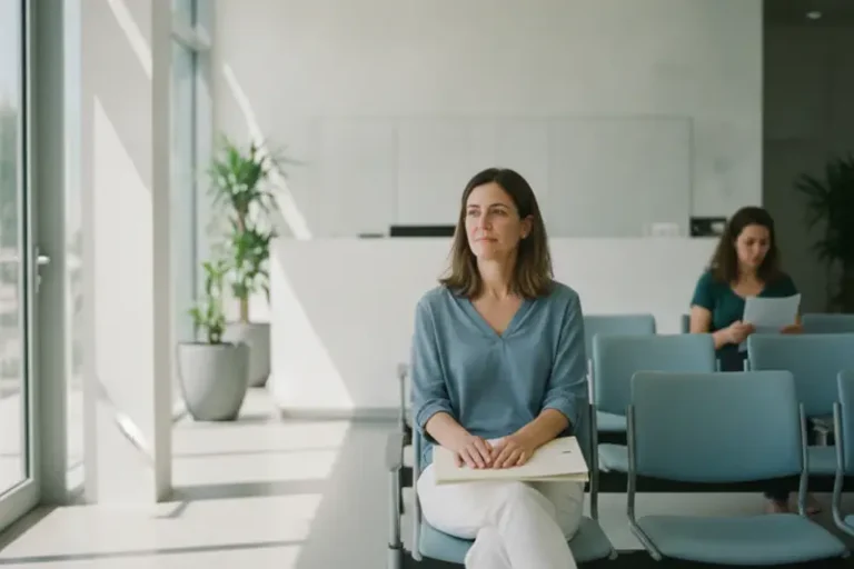 אישה יושבת עם תיקייה באזור המתנה מואר של מוסד ציבורי לקראת בירור זכאות לקצבת נכות כללית