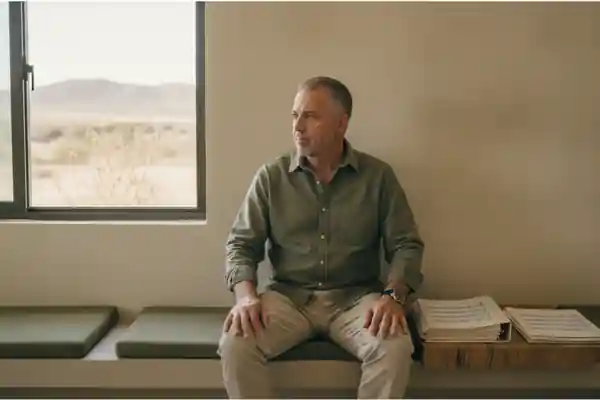 גבר בשנות החמישים ממתין בחדר המתנה שקט עם מסמכים לצדו