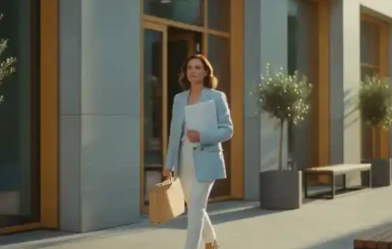 אישה יוצאת מבניין משרדים לרחוב מואר בצעד בטוח