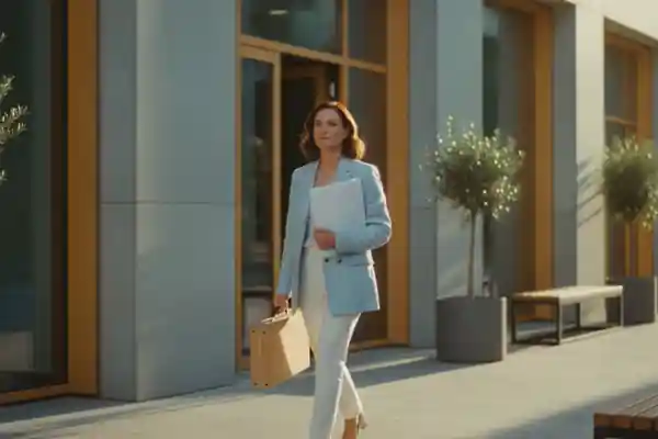 אישה יוצאת מבניין משרדים לרחוב מואר בצעד בטוח