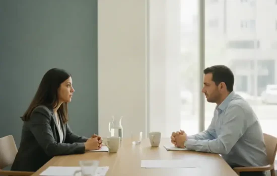 שני אנשים יושבים משני צדי שולחן בפגישת גישור בהליך גירושין בזמן שירות מילואים