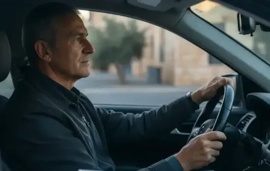 נהג מבוגר יושב ברכב חונה ואוחז בהגה, לקראת בדיקת כשירות רפואית לחידוש רישיון נהיגה