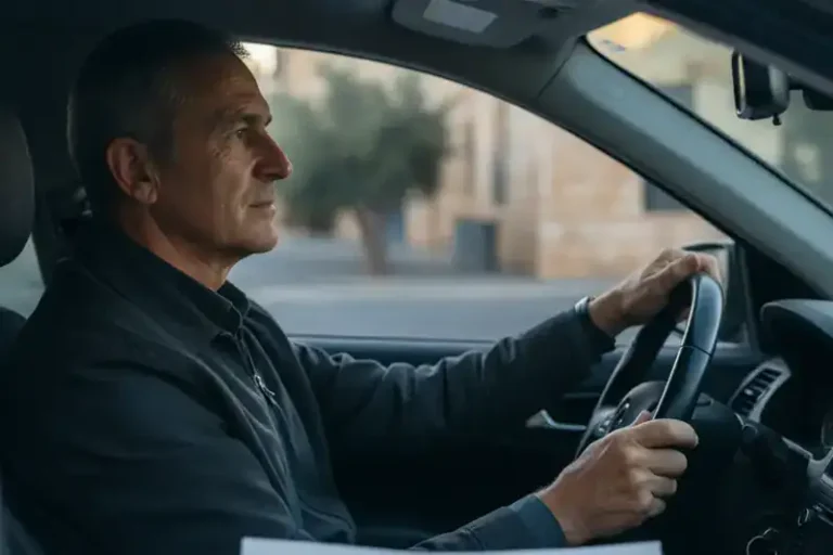נהג מבוגר יושב ברכב חונה ואוחז בהגה, לקראת בדיקת כשירות רפואית לחידוש רישיון נהיגה