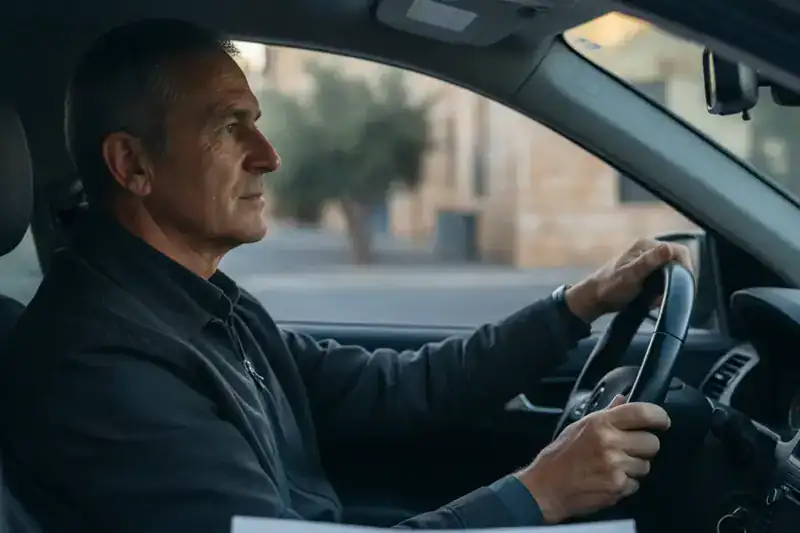 נהג מבוגר יושב ברכב חונה ואוחז בהגה, לקראת בדיקת כשירות רפואית לחידוש רישיון נהיגה