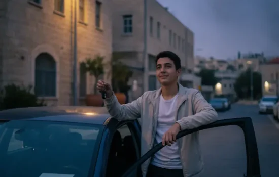 אדם צעיר מחזיק מפתחות רכב ביד לצד מכונית, אור יום רך ברחוב