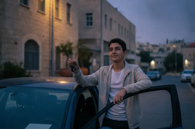 אדם צעיר מחזיק מפתחות רכב ביד לצד מכונית, אור יום רך ברחוב