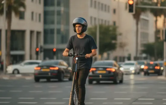 רוכב קורקינט חשמלי עם קסדה ממתין ברמזור אדום בכביss עירוני לצד מכוניות