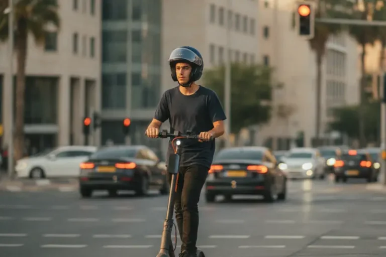רוכב קורקינט חשמלי עם קסדה ממתין ברמזור אדום בכביss עירוני לצד מכוניות