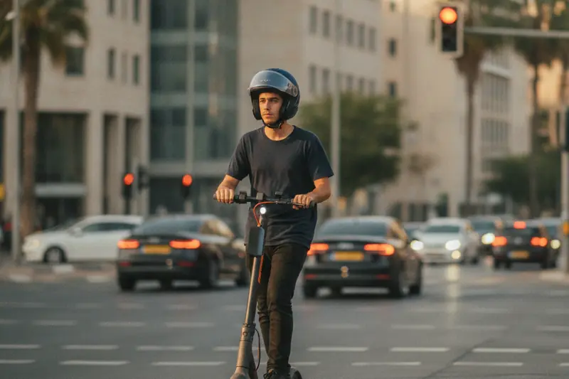 רוכב קורקינט חשמלי עם קסדה ממתין ברמזור אדום בכביss עירוני לצד מכוניות