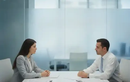 שני אנשים בישיבה עניינית בחדר זכוכית מואר