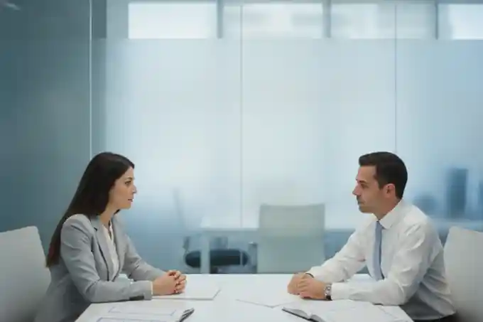 שני אנשים בישיבה עניינית בחדר זכוכית מואר