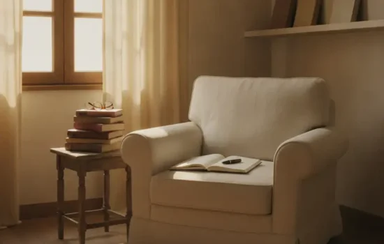 חדר עבודה שקט עם כורסה ריקה, ספרים ישנים ומשקפי קריאה על שולחן, המחשה לעיזבון ללא יורשים