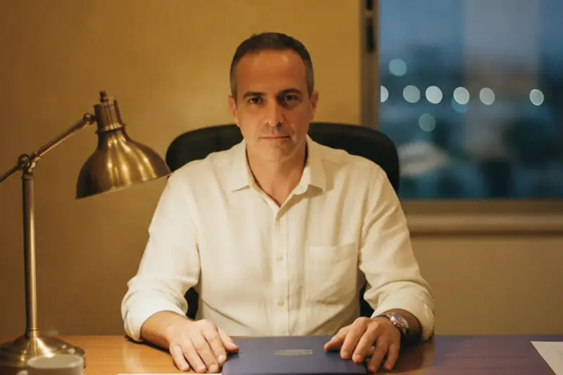 מעסיק יושב לשולחן במשרד בשעת ערב ובוחן את חובות הדיווח שלו על העסקת עובדים זרים