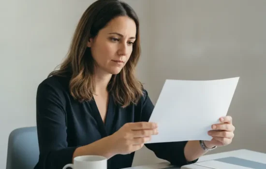 אישה עצמאית בעמדת עבודה ביתית בוחנת מסמך בריכוז לקראת תביעה להכרה ביחסי עבודה