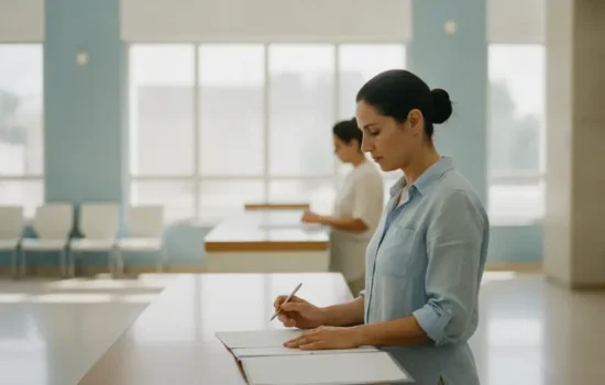 אישה ממלאת טופס בעמדת דלפק במשרד ציבורי מואר במסגרת הליך ערר מול רשות האוכלוסין
