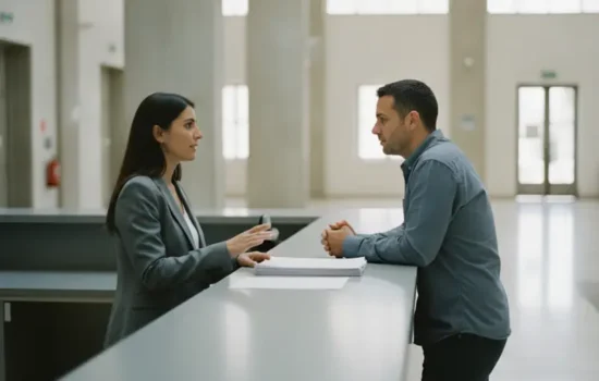 פקידה ולקוח משוחחים משני עברי דלפק במוסד ציבורי מואר בעניין עיקול חשבון בנק