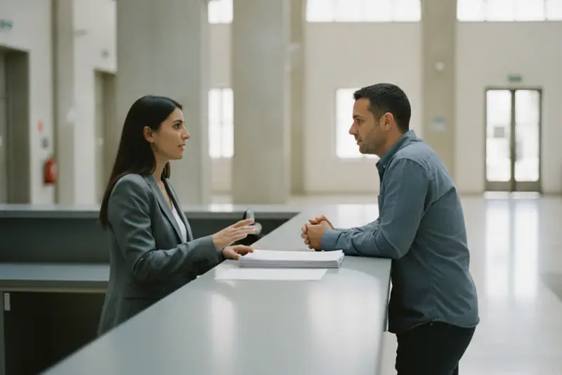 פקידה ולקוח משוחחים משני עברי דלפק במוסד ציבורי מואר בעניין עיקול חשבון בנק