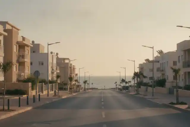 רחוב חוף שקט בבת ים באור אחר צהריים, בניינים בהירים וקו ים באופק