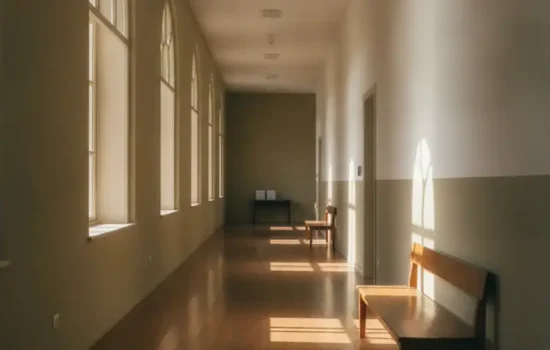 מסדרון מוסדי שקט עם ספסלי עץ ריקים ואור טבעי מחלונות גבוהים, לקראת דיון בערעור
