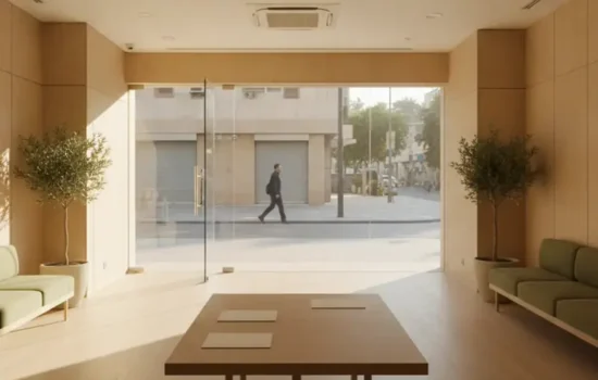 חלל מסחרי ריק ומואר בקומת קרקע עם חזית זכוכית גדולה, לקראת חתימה על חוזה שכירות עסקי