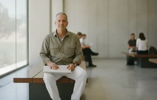 גבר בשנות ה-50 יושב על ספסל באולם המתנה מוסדי מואר ומחזיק תיקייה על ברכיו