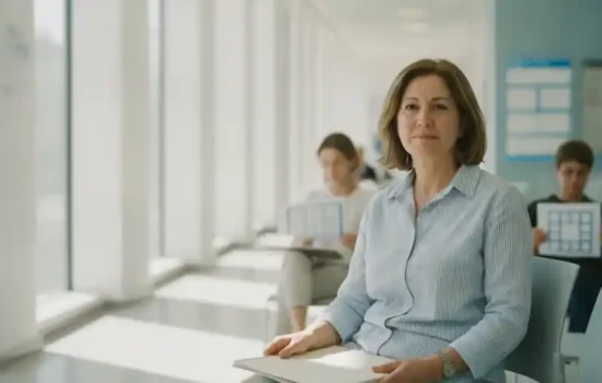 אישה ממתינה עם תיקייה במסדרון מוסד ציבורי לקראת דיון בתביעה