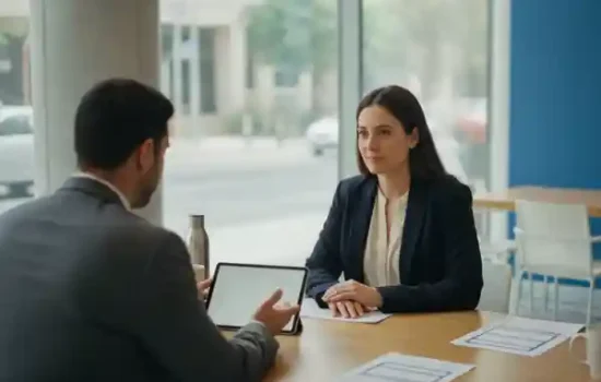 לקוח יושב מול נציג בסניף בנק ובוחן את פירוט החישוב