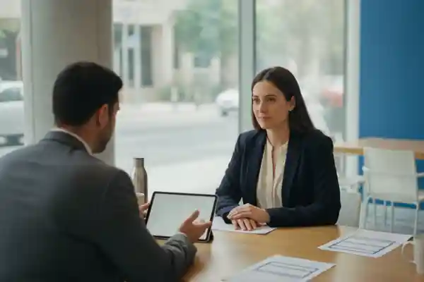 לקוח יושב מול נציג בסניף בנק ובוחן את פירוט החישוב
