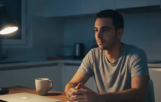 גבר צעיר יושב בערב ליד שולחן מטבח עם מחשב נייד סגור ובוחן את חבות המס על נכסים דיגיטליים