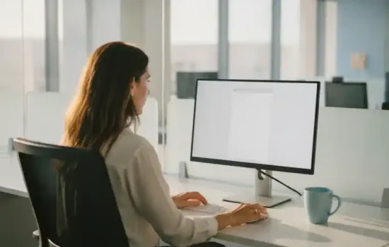 עובדת בעמדת עבודה במשרד בוחנת את תנאי הסכם ההעסקה שלה