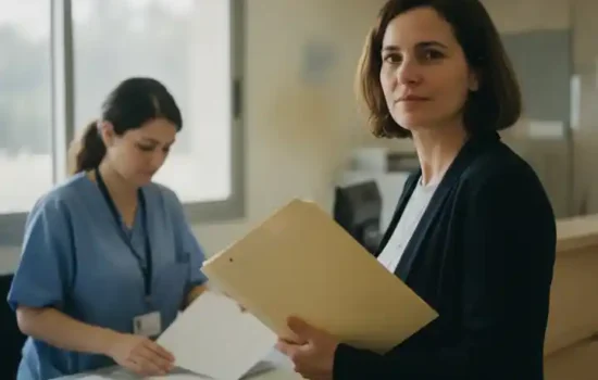 אישה מקבלת תיק רפואי בדלפק ארכיון של בית חולים
